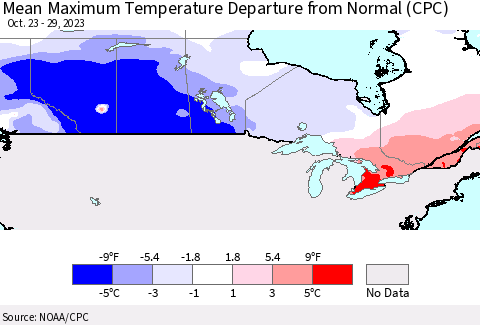 Canada Mean Maximum Temperature Departure from Normal (CPC) Thematic Map For 10/23/2023 - 10/29/2023