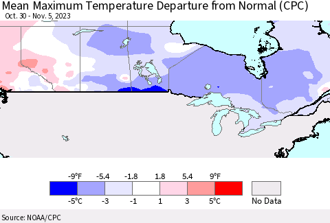 Canada Mean Maximum Temperature Departure from Normal (CPC) Thematic Map For 10/30/2023 - 11/5/2023