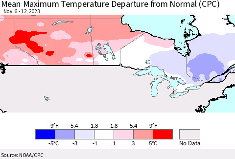 Canada Mean Maximum Temperature Departure from Normal (CPC) Thematic Map For 11/6/2023 - 11/12/2023