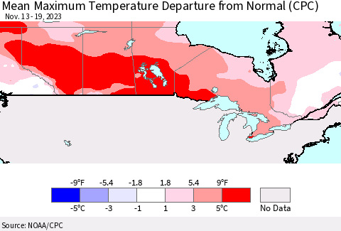 Canada Mean Maximum Temperature Departure from Normal (CPC) Thematic Map For 11/13/2023 - 11/19/2023