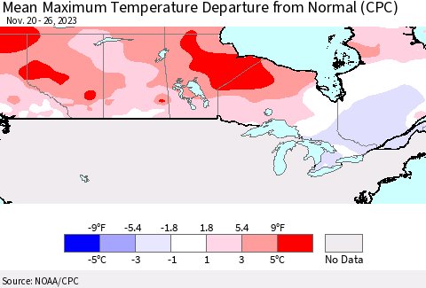 Canada Mean Maximum Temperature Departure from Normal (CPC) Thematic Map For 11/20/2023 - 11/26/2023