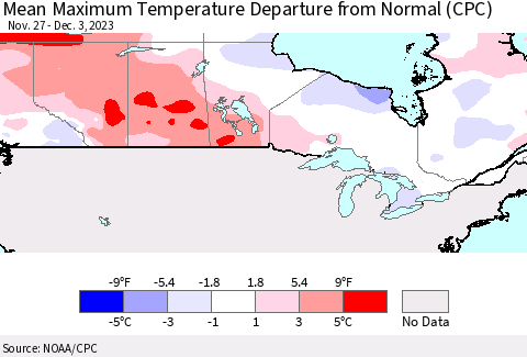 Canada Mean Maximum Temperature Departure from Normal (CPC) Thematic Map For 11/27/2023 - 12/3/2023