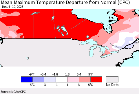 Canada Mean Maximum Temperature Departure from Normal (CPC) Thematic Map For 12/4/2023 - 12/10/2023
