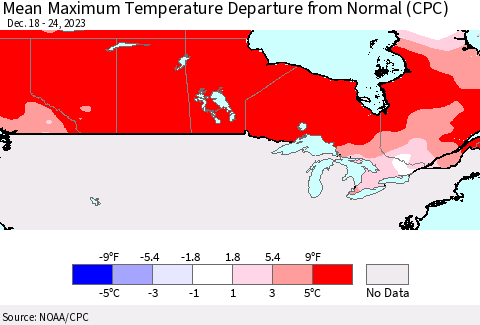 Canada Mean Maximum Temperature Departure from Normal (CPC) Thematic Map For 12/18/2023 - 12/24/2023