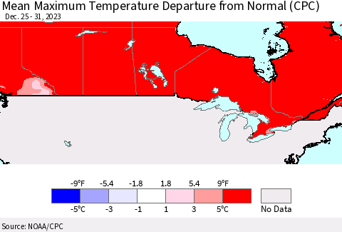 Canada Mean Maximum Temperature Departure from Normal (CPC) Thematic Map For 12/25/2023 - 12/31/2023