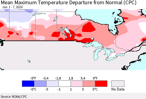 Canada Mean Maximum Temperature Departure from Normal (CPC) Thematic Map For 1/1/2024 - 1/7/2024