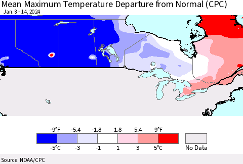 Canada Mean Maximum Temperature Departure from Normal (CPC) Thematic Map For 1/8/2024 - 1/14/2024