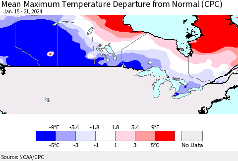 Canada Mean Maximum Temperature Departure from Normal (CPC) Thematic Map For 1/15/2024 - 1/21/2024