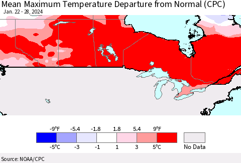 Canada Mean Maximum Temperature Departure from Normal (CPC) Thematic Map For 1/22/2024 - 1/28/2024