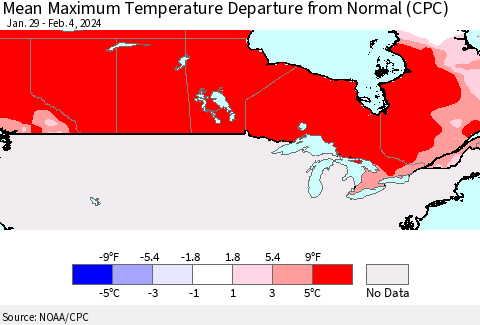 Canada Mean Maximum Temperature Departure from Normal (CPC) Thematic Map For 1/29/2024 - 2/4/2024