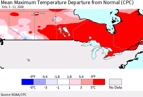 Canada Mean Maximum Temperature Departure from Normal (CPC) Thematic Map For 2/5/2024 - 2/11/2024