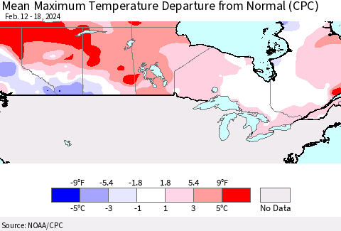 Canada Mean Maximum Temperature Departure from Normal (CPC) Thematic Map For 2/12/2024 - 2/18/2024