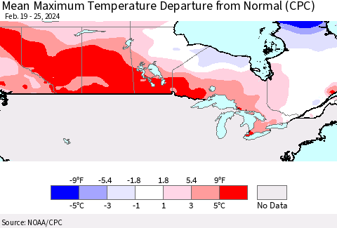 Canada Mean Maximum Temperature Departure from Normal (CPC) Thematic Map For 2/19/2024 - 2/25/2024