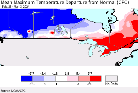 Canada Mean Maximum Temperature Departure from Normal (CPC) Thematic Map For 2/26/2024 - 3/3/2024