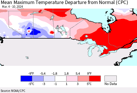 Canada Mean Maximum Temperature Departure from Normal (CPC) Thematic Map For 3/4/2024 - 3/10/2024