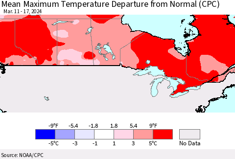 Canada Mean Maximum Temperature Departure from Normal (CPC) Thematic Map For 3/11/2024 - 3/17/2024