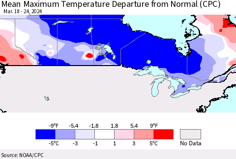 Canada Mean Maximum Temperature Departure from Normal (CPC) Thematic Map For 3/18/2024 - 3/24/2024