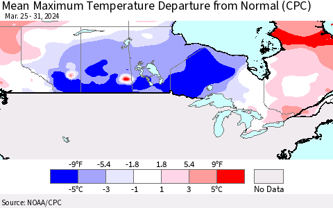 Canada Mean Maximum Temperature Departure from Normal (CPC) Thematic Map For 3/25/2024 - 3/31/2024