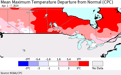 Canada Mean Maximum Temperature Departure from Normal (CPC) Thematic Map For 4/1/2024 - 4/7/2024