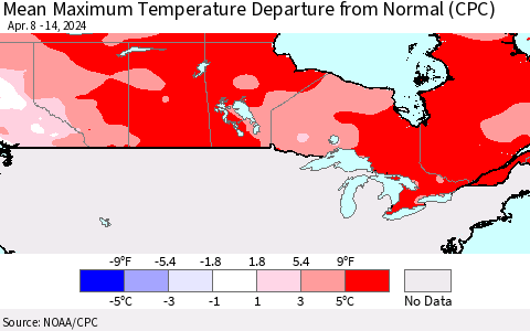 Canada Mean Maximum Temperature Departure from Normal (CPC) Thematic Map For 4/8/2024 - 4/14/2024