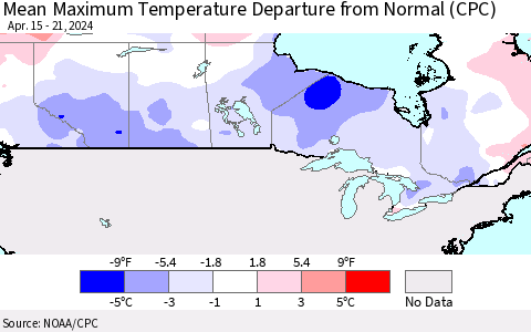 Canada Mean Maximum Temperature Departure from Normal (CPC) Thematic Map For 4/15/2024 - 4/21/2024