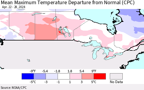 Canada Mean Maximum Temperature Departure from Normal (CPC) Thematic Map For 4/22/2024 - 4/28/2024