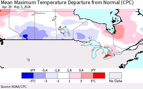 Canada Mean Maximum Temperature Departure from Normal (CPC) Thematic Map For 4/29/2024 - 5/5/2024