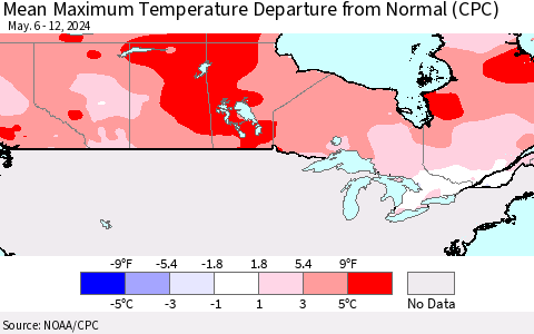 Canada Mean Maximum Temperature Departure from Normal (CPC) Thematic Map For 5/6/2024 - 5/12/2024