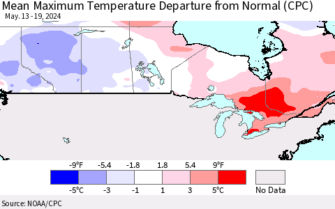 Canada Mean Maximum Temperature Departure from Normal (CPC) Thematic Map For 5/13/2024 - 5/19/2024