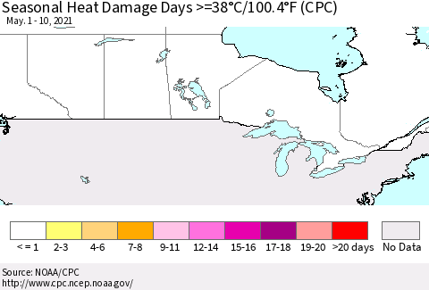 Canada Seasonal Heat Damage Days >=38°C/100°F (CPC) Thematic Map For 5/1/2021 - 5/10/2021