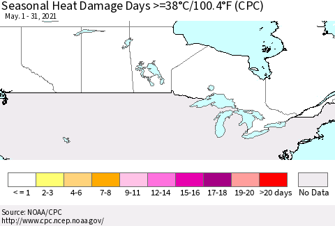 Canada Seasonal Heat Damage Days >=38°C/100°F (CPC) Thematic Map For 5/1/2021 - 5/31/2021