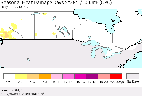 Canada Seasonal Heat Damage Days >=38°C/100°F (CPC) Thematic Map For 5/1/2021 - 7/10/2021