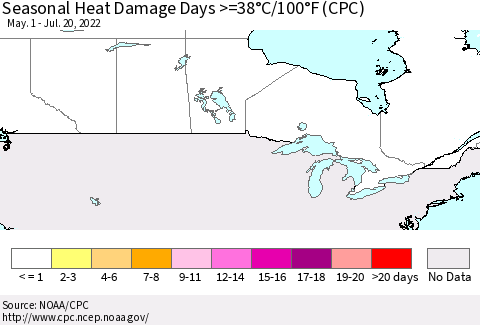 Canada Seasonal Heat Damage Days >=38°C/100°F (CPC) Thematic Map For 5/1/2022 - 7/20/2022