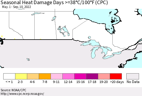 Canada Seasonal Heat Damage Days >=38°C/100°F (CPC) Thematic Map For 5/1/2022 - 9/10/2022