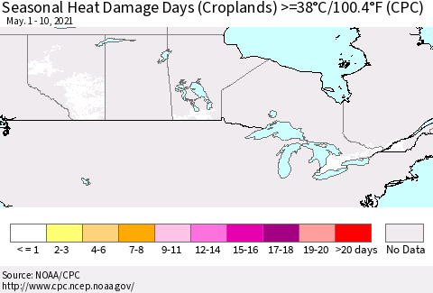 Canada Seasonal Heat Damage Days (Croplands) >=38°C/100°F (CPC) Thematic Map For 5/1/2021 - 5/10/2021