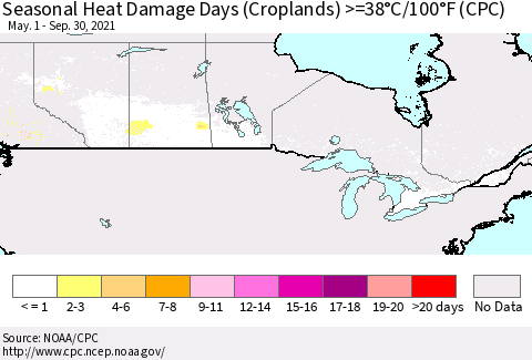 Canada Seasonal Heat Damage Days (Croplands) >=38°C/100°F (CPC) Thematic Map For 5/1/2021 - 9/30/2021
