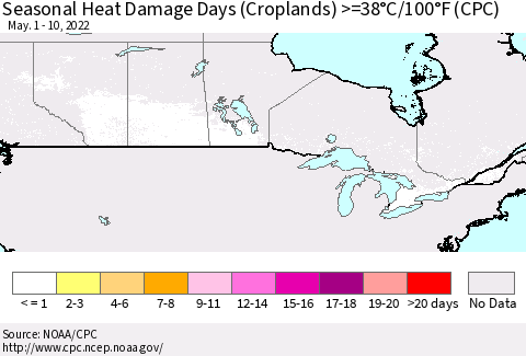 Canada Seasonal Heat Damage Days (Croplands) >=38°C/100°F (CPC) Thematic Map For 5/1/2022 - 5/10/2022