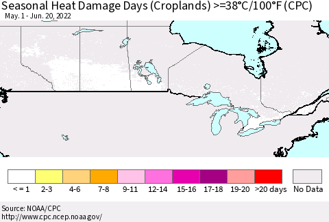 Canada Seasonal Heat Damage Days (Croplands) >=38°C/100°F (CPC) Thematic Map For 5/1/2022 - 6/20/2022