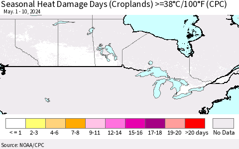 Canada Seasonal Heat Damage Days (Croplands) >=38°C/100°F (CPC) Thematic Map For 5/1/2024 - 5/10/2024