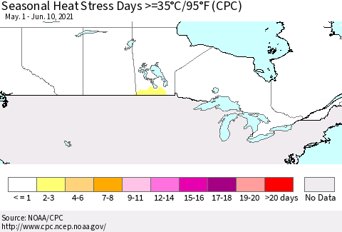 Canada Seasonal Heat Stress Days >=35°C/95°F (CPC) Thematic Map For 5/1/2021 - 6/10/2021