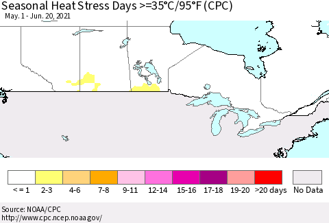 Canada Seasonal Heat Stress Days >=35°C/95°F (CPC) Thematic Map For 5/1/2021 - 6/20/2021