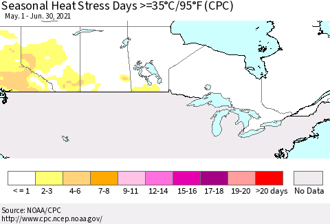 Canada Seasonal Heat Stress Days >=35°C/95°F (CPC) Thematic Map For 5/1/2021 - 6/30/2021