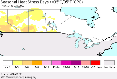 Canada Seasonal Heat Stress Days >=35°C/95°F (CPC) Thematic Map For 5/1/2021 - 7/10/2021