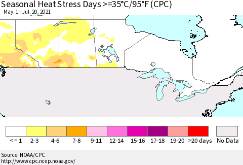 Canada Seasonal Heat Stress Days >=35°C/95°F (CPC) Thematic Map For 5/1/2021 - 7/20/2021