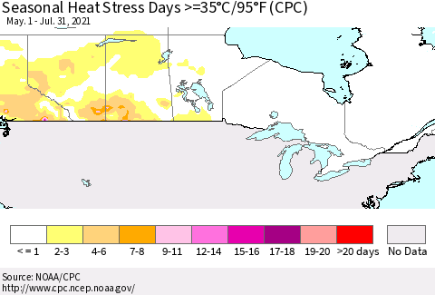 Canada Seasonal Heat Stress Days >=35°C/95°F (CPC) Thematic Map For 5/1/2021 - 7/31/2021