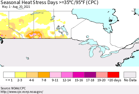 Canada Seasonal Heat Stress Days >=35°C/95°F (CPC) Thematic Map For 5/1/2021 - 8/20/2021