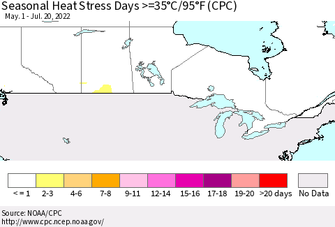 Canada Seasonal Heat Stress Days >=35°C/95°F (CPC) Thematic Map For 5/1/2022 - 7/20/2022
