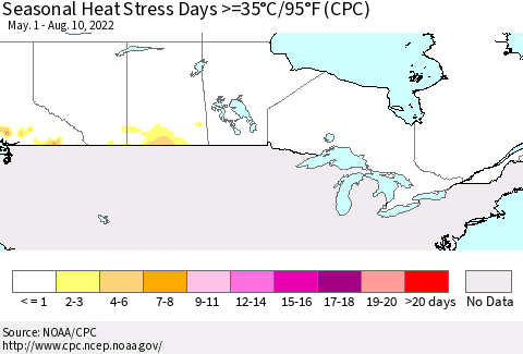 Canada Seasonal Heat Stress Days >=35°C/95°F (CPC) Thematic Map For 5/1/2022 - 8/10/2022