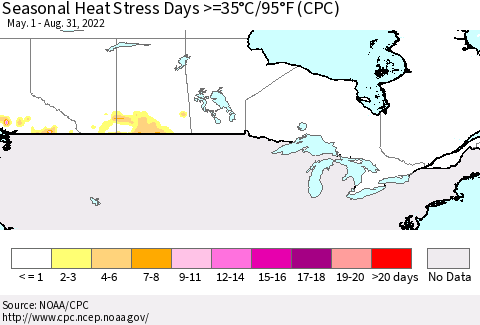 Canada Seasonal Heat Stress Days >=35°C/95°F (CPC) Thematic Map For 5/1/2022 - 8/31/2022