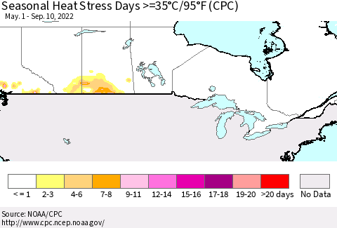 Canada Seasonal Heat Stress Days >=35°C/95°F (CPC) Thematic Map For 5/1/2022 - 9/10/2022